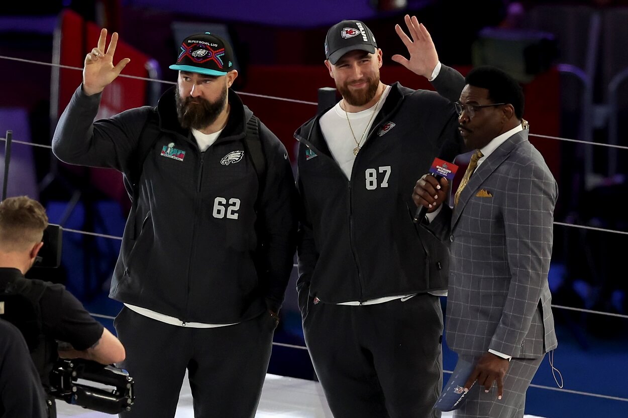 Jason Kelce and Travis Kelce at media day for Super Bowl 57