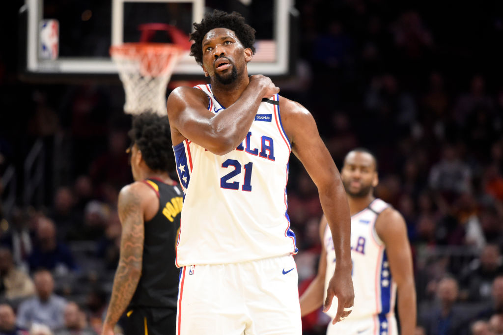 Joel Embiid of the 76ers looks up during a game against the Cleveland Cavaliers.