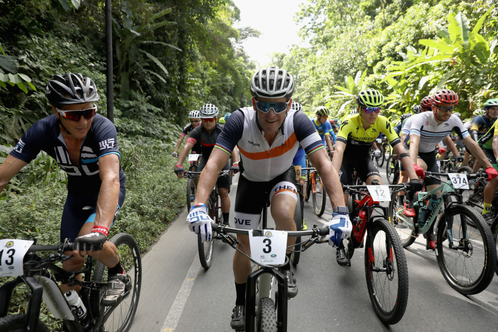 Lance Armstrong competes in a mountain bike race in Costa Rica in 2018