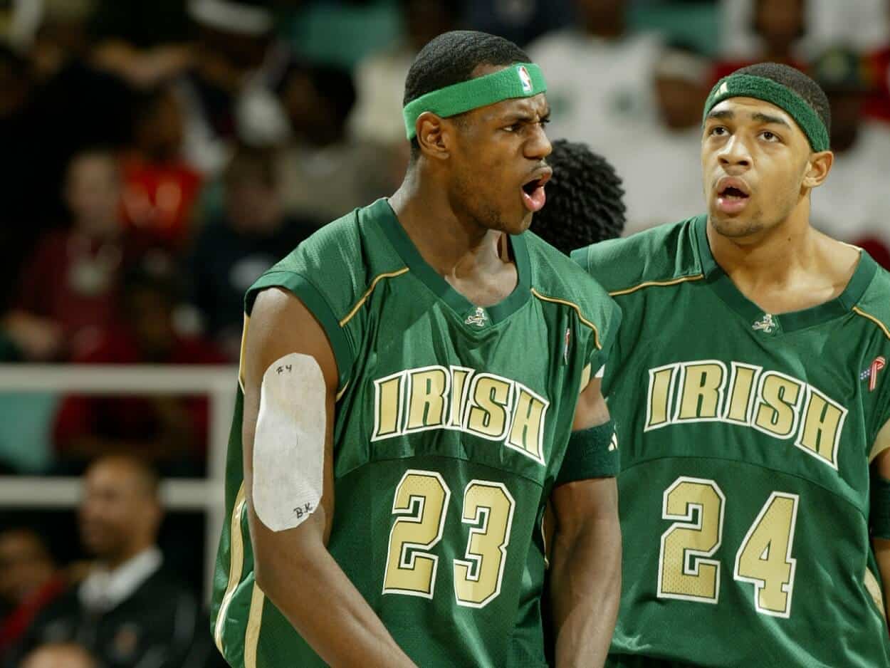 LeBron James #23 of St. Vincent High School gets excited against R.J. Reynolds High School at the Greensboro Coliseum in Greensboro, North Carolina on January 15, 2003