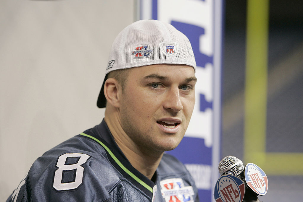 Matt Hasselbeck talking to the media before the Super Bowl