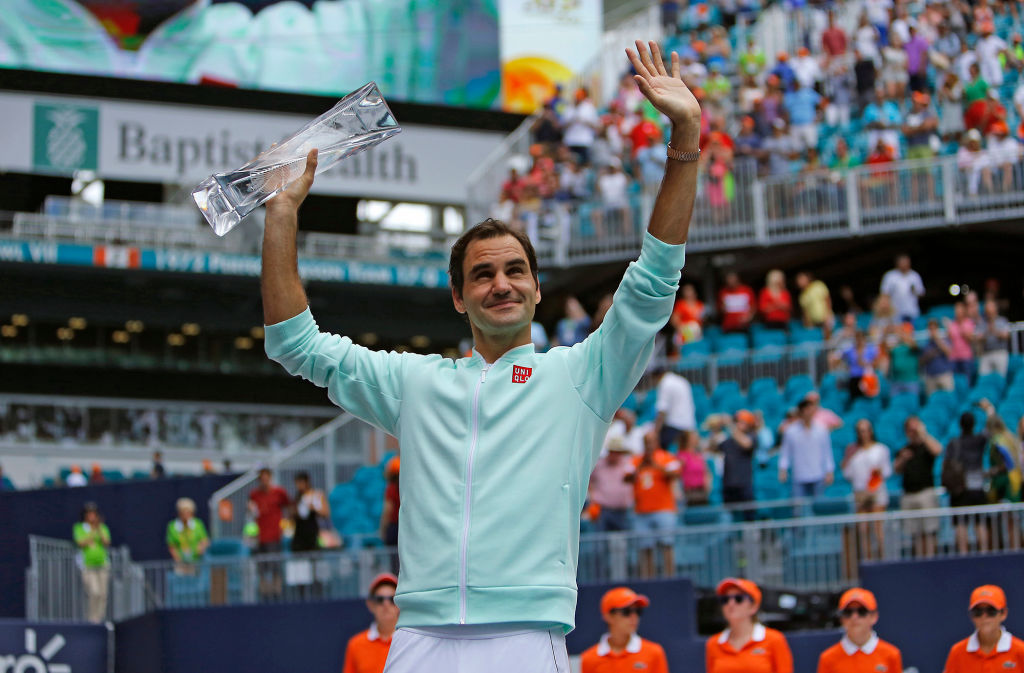 Roger Federer celebrating after winning the Miami Open
