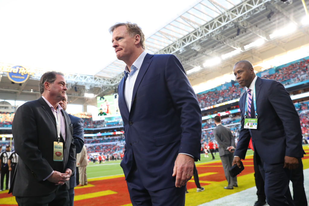 NFL Commissioner Roger Goodell looks on prior to Super Bowl LIV