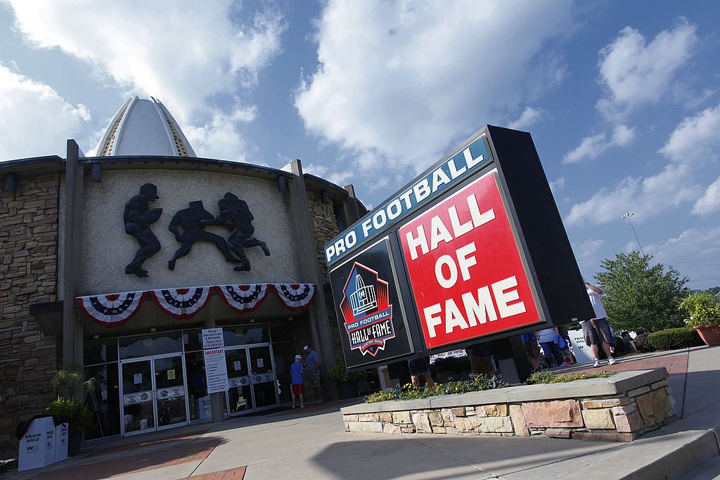 The entrance to the Pro Football Hall of Fame in Canton, Ohio, on a sunny day