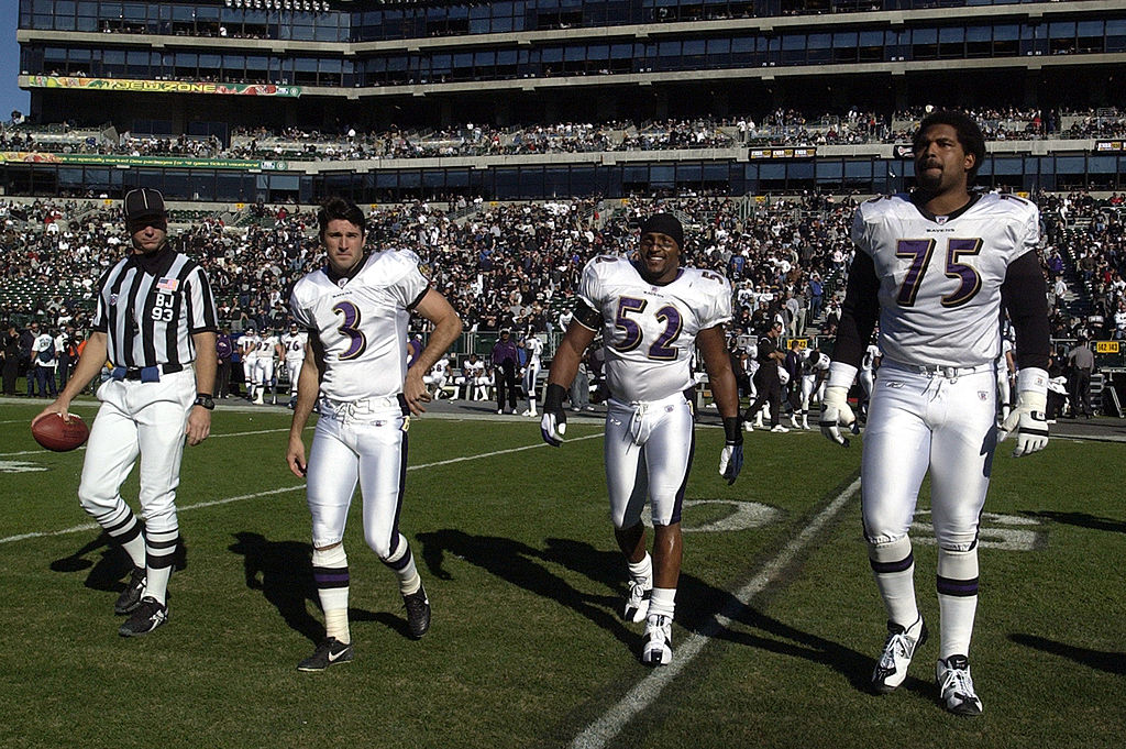 Matt Stover, Ray Lewis, and Jonathan Ogden of the Baltimore Ravens in 2003