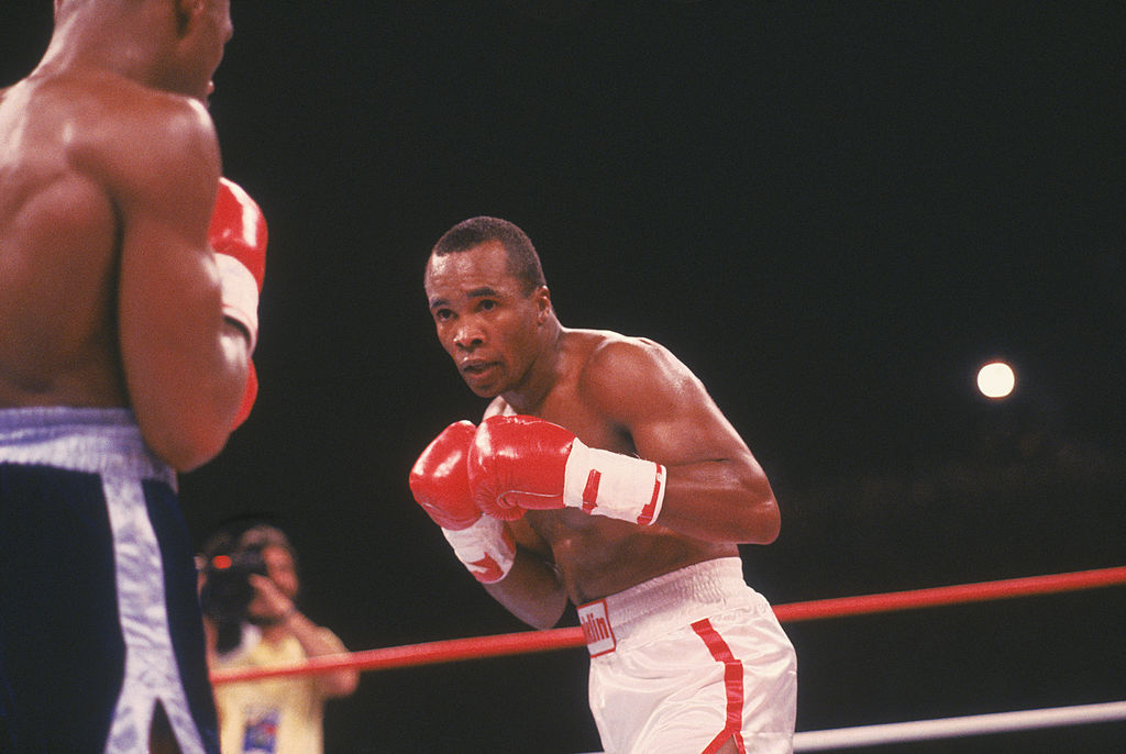Boxer Sugar Ray Leonard eyes his opponent during a match