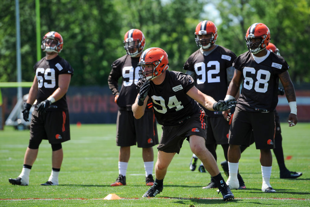 Defensive end Carl Nassib of the Cleveland Browns takes part in a drill in 2017
