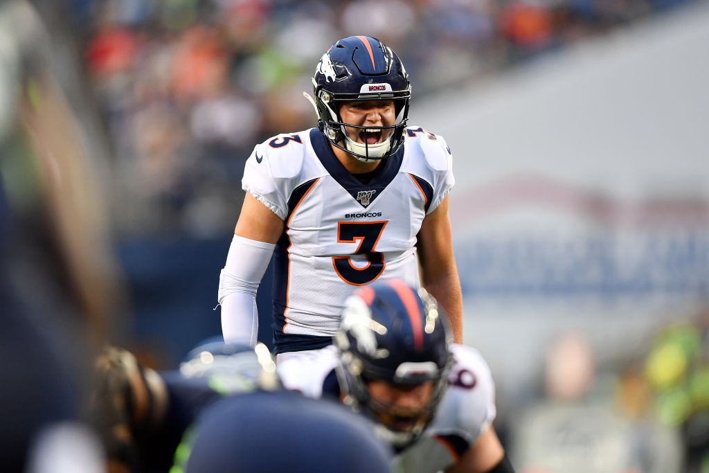 Drew Lock of the Denver Broncos calls a play in 2019