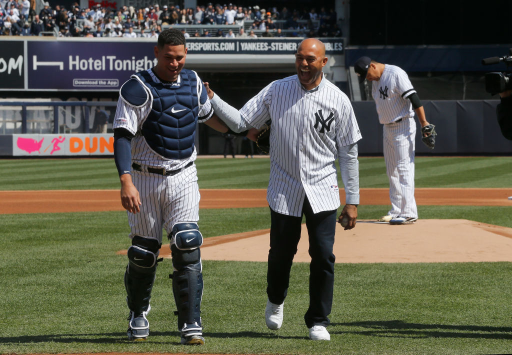 Former New York Yankee Mariano Rivera has a laugh with Gary Sanchez in 2019