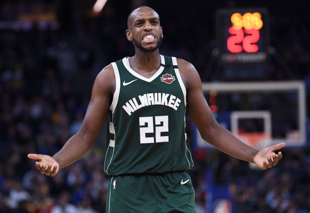 Khris Middleton of the Milwaukee Bucks reacts after being called for a foul