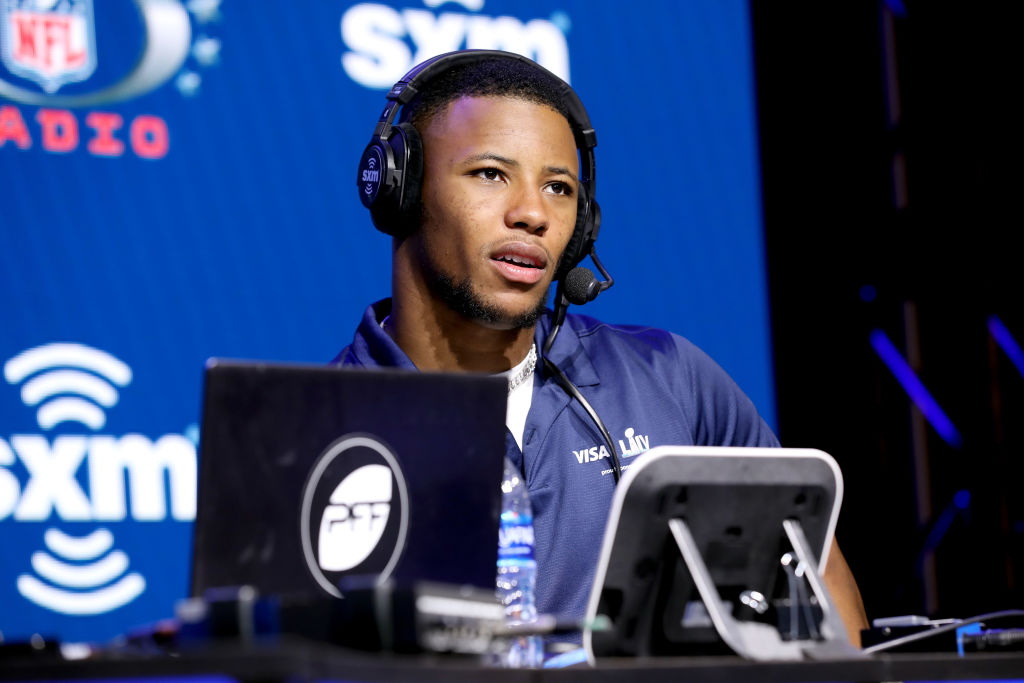 NFL running back Saquon Barkley of the New York Giants speaks onstage in 2020