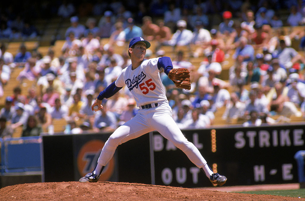 Orel Hershiser of the Los Angeles Dodgers pitches in 1986