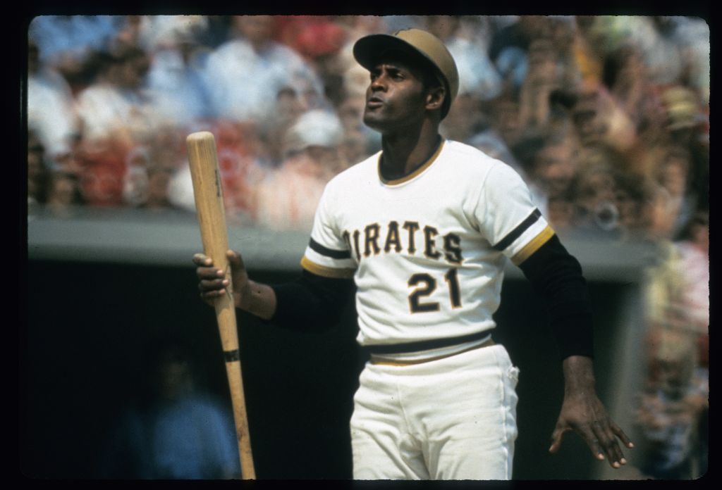 Outfielder Roberto Clemente of Pittsburgh Pirates stands at home plate