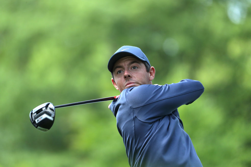 Rory McIlroy tees off during previews for the 2018 BMW PGA Championship