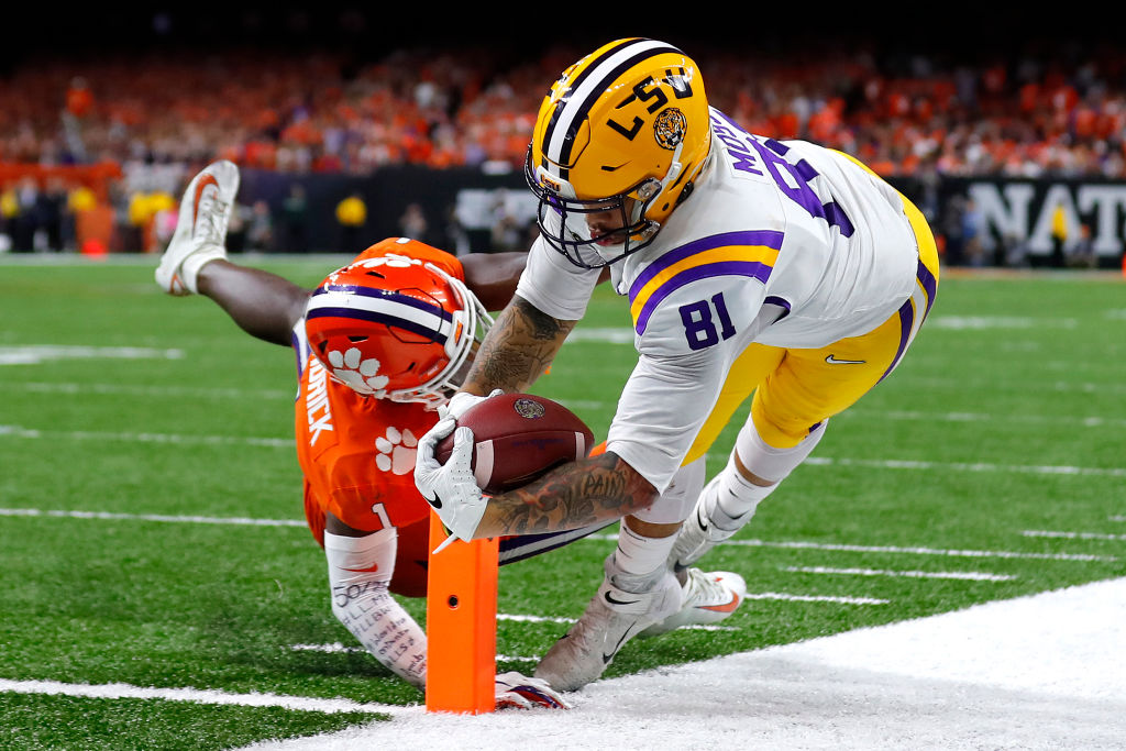 LSU Tigers tight end Thaddeus Moss is the son of NFL Hall of Fame receiver Randy Moss. Thaddeus Moss caught four touchdowns for the Tigers in 2019.