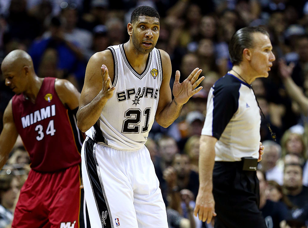 Tim Duncan of the San Antonio Spurs reacts to a call in 2014