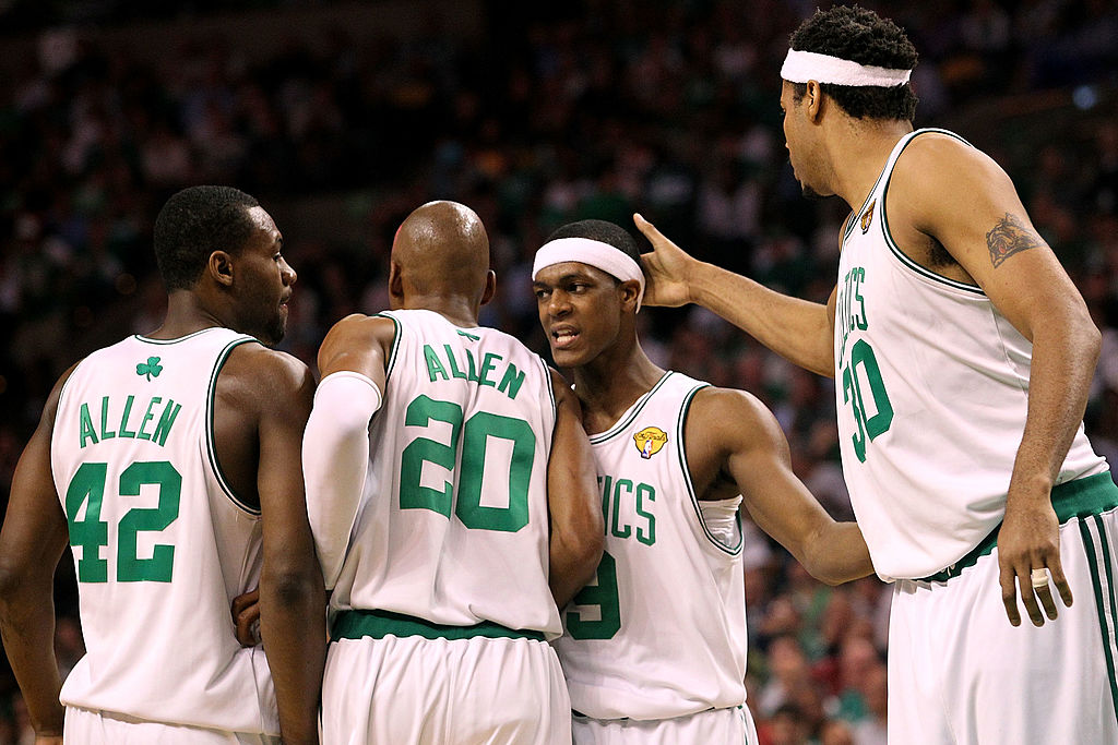 (L-R) Tony Allen, Ray Allen, Rajon Rondo, and Rasheed Wallace of the Boston Celtics celebrate a play