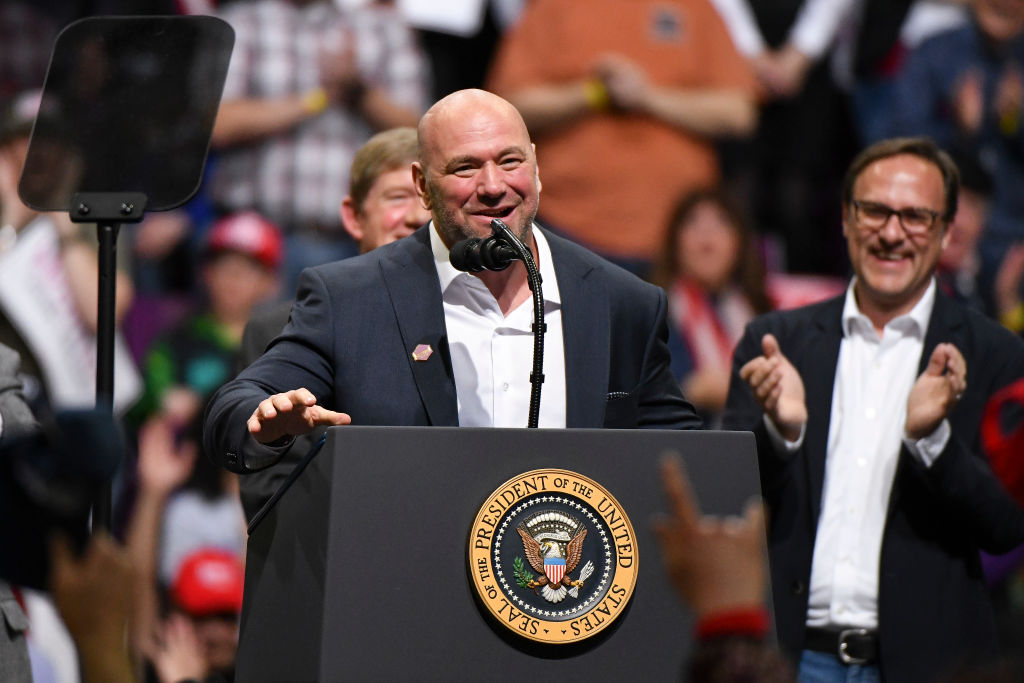 UFC President Dana White speaks on stage during a rally with President Donald Trum