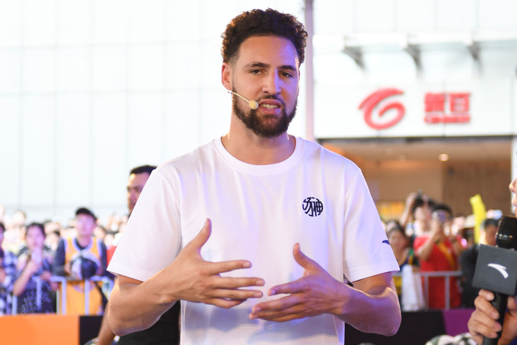 Klay Thompson speaking at a promotional event