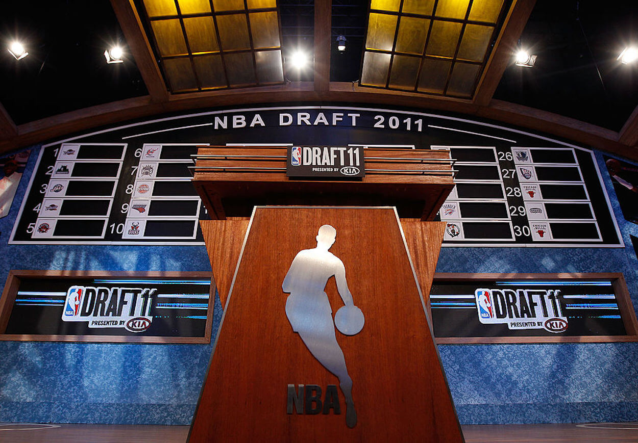 The podium and draft board ahead of the 2011 NBA draft.