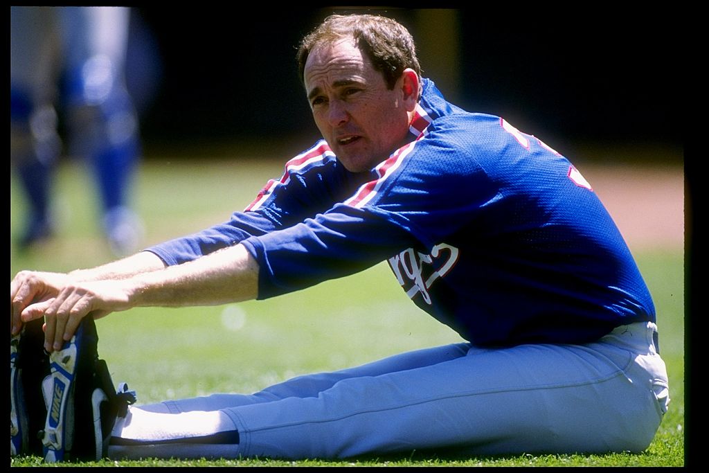 Pitcher Nolan Ryan of the Texas Rangers stretches in 1989