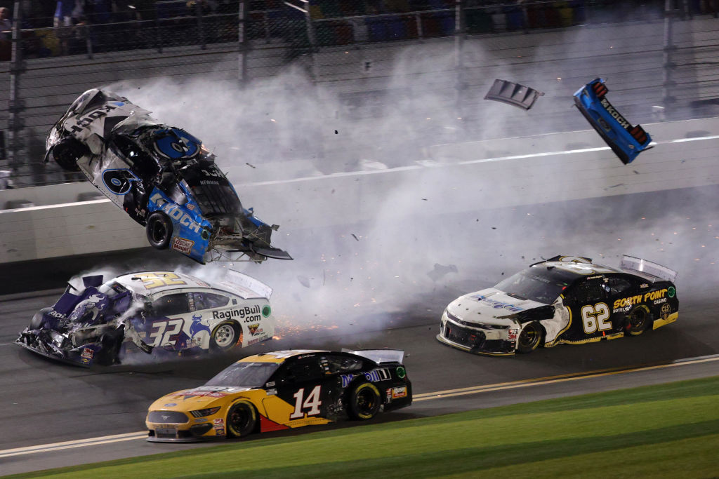 Ryan Newman's Ford, flips over as he crashes during the 62nd Daytona 500. | Chris Graythen/Getty Images