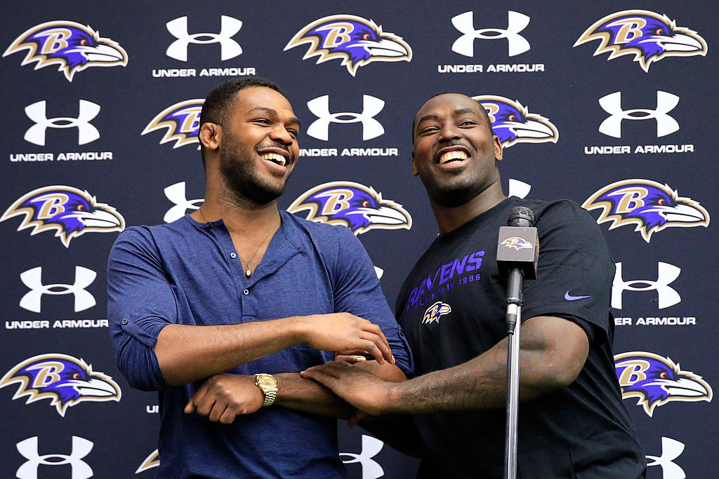 UFC fighter Jon Jones (L) jokes around with his brother defensive end Arthur Jones of the Baltimore Ravens