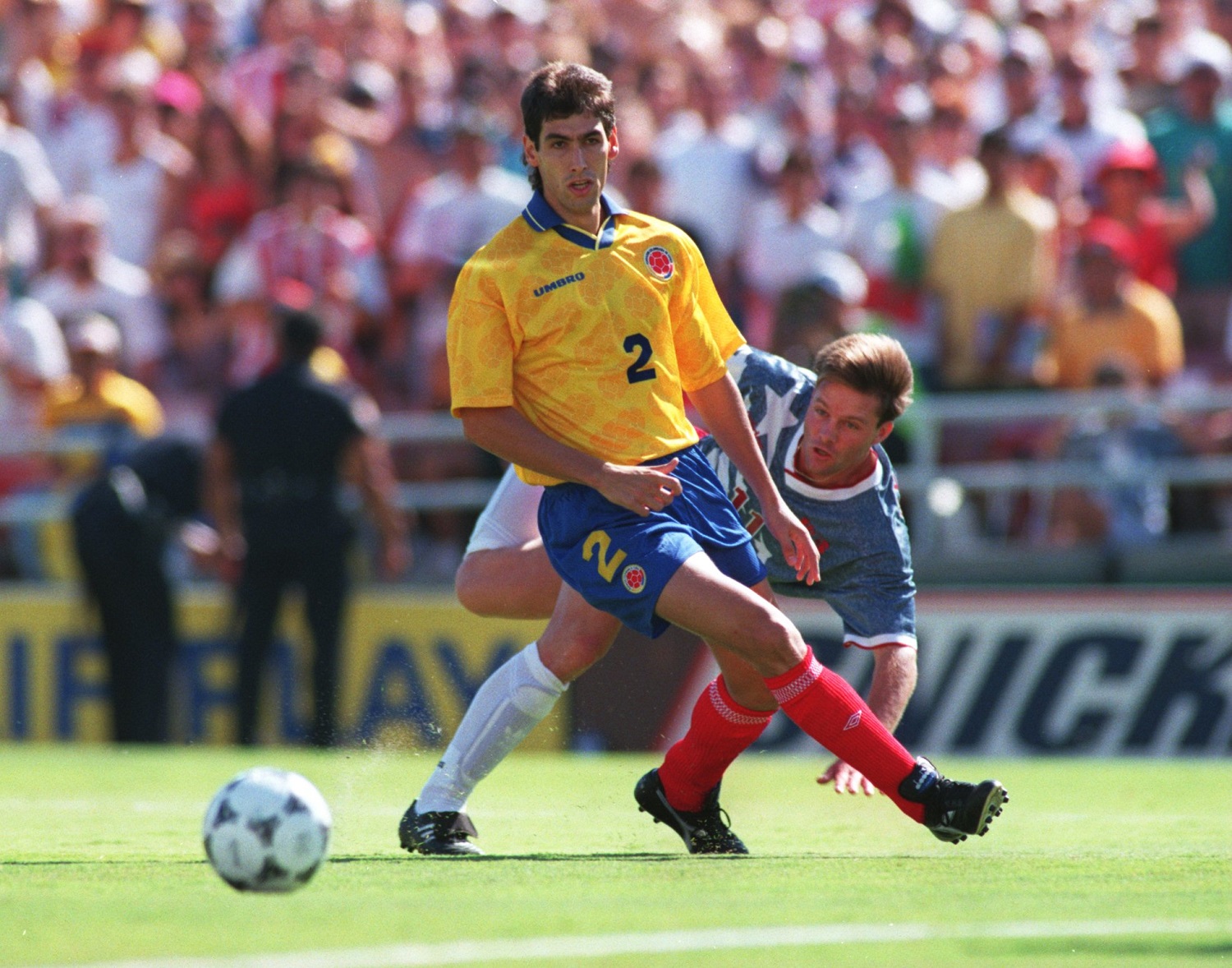Andres Escobar kicks the soccer ball in a game against the United States during the 1994 World Cup