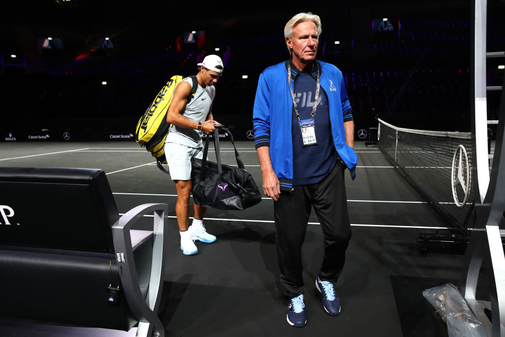 Björn Borg, Captain of Team Europe and Rafael Nadal of Team Europe leave the court