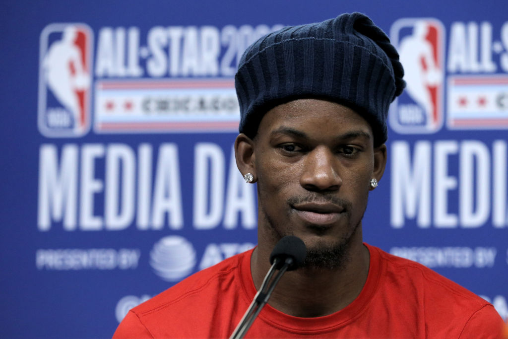 Jimmy Butler of the Miami Heat speaks to the media during 2020 NBA All-Star - Practice