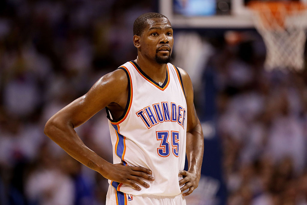 Kevin Durant looking on during a Thunder game