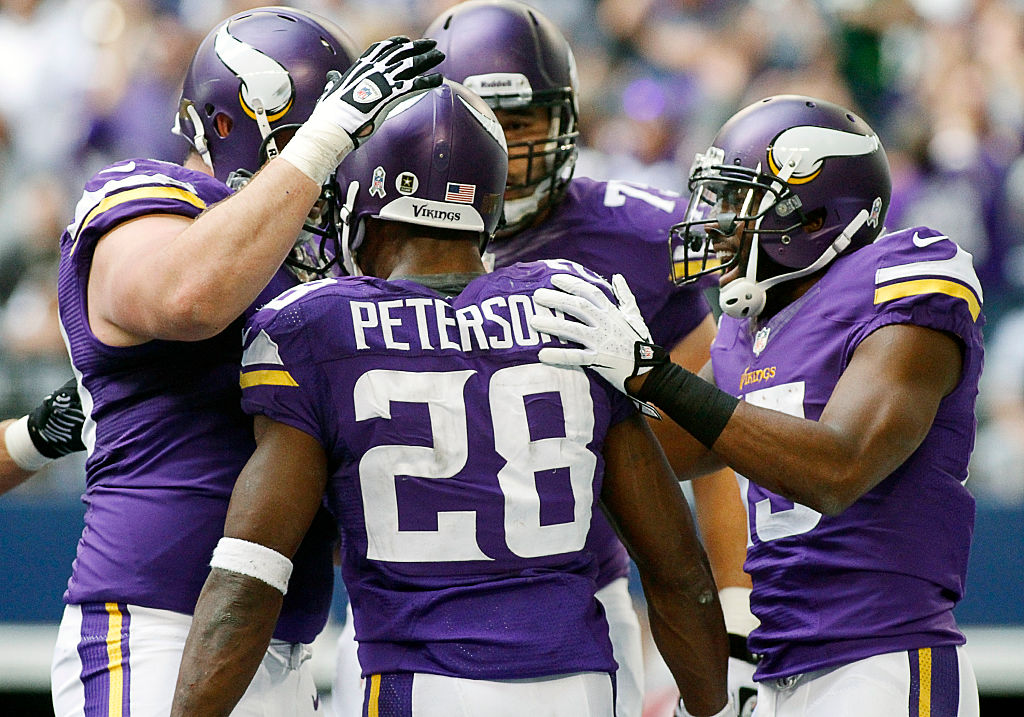 Minnesota Vikings running back Adrian Peterson after a TD with the offensive line