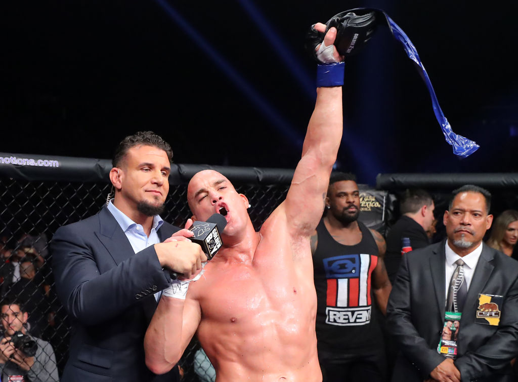 Tito Ortiz reacts after winning against Chuck Liddell in 2018