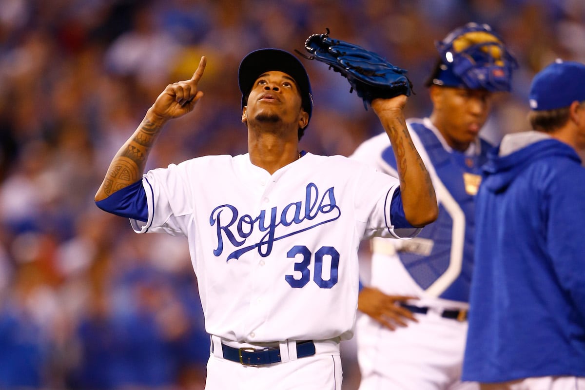 Former Kansas City Royals pitcher Yordano Ventura points to the sky