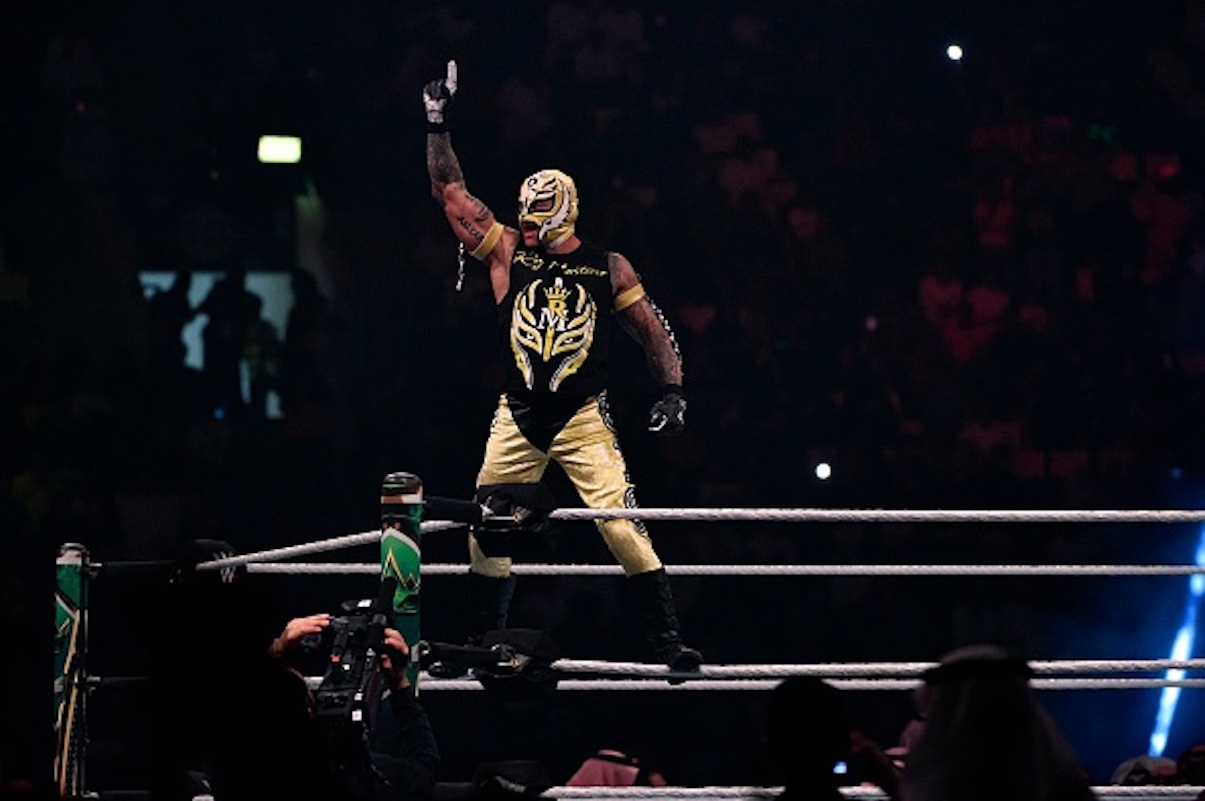WWE star Rey Mysterio greets the crowd during the WWE World Cup Quarterfinal in 2018