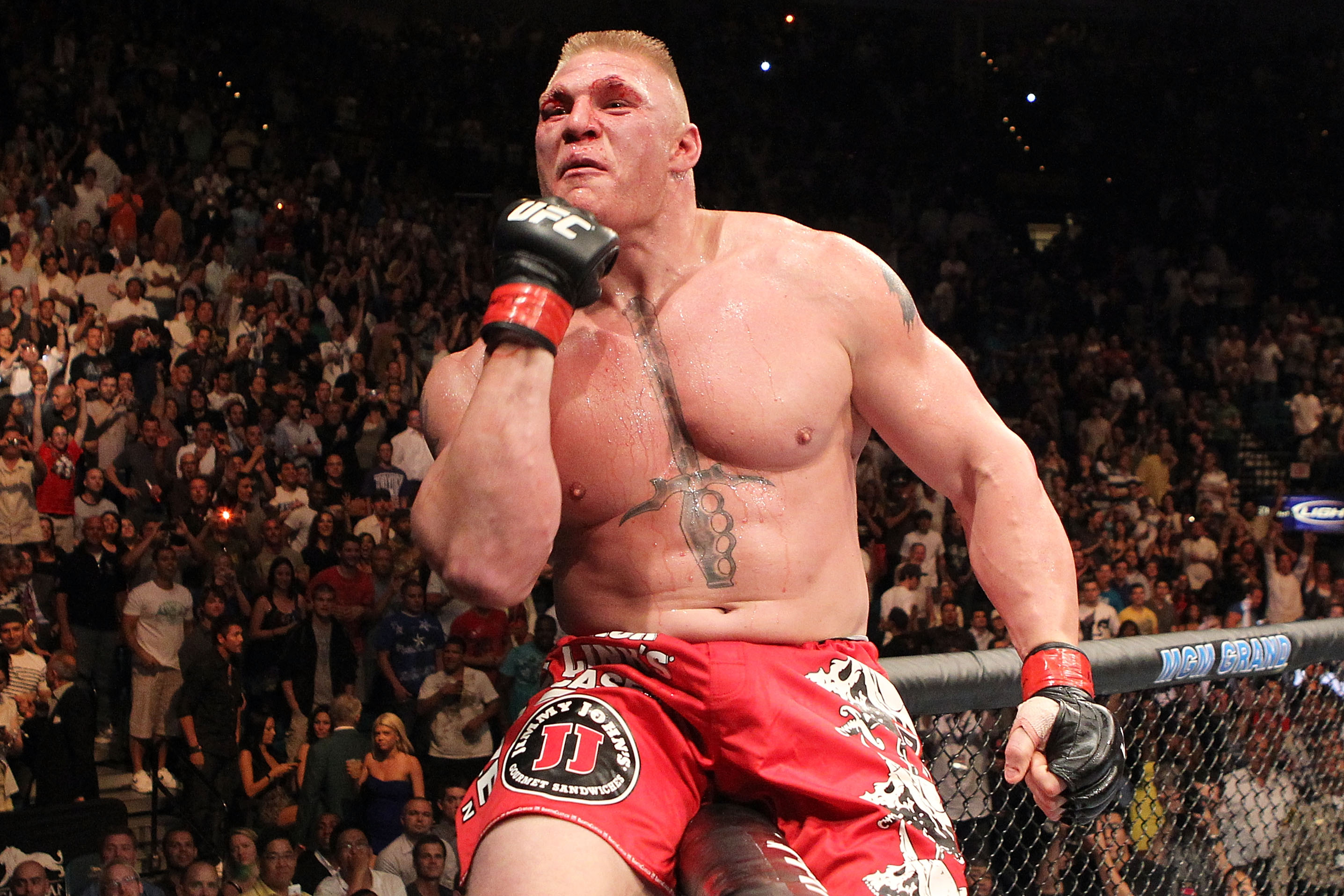 Brock Lesnar celebrating after winning a UFC fight