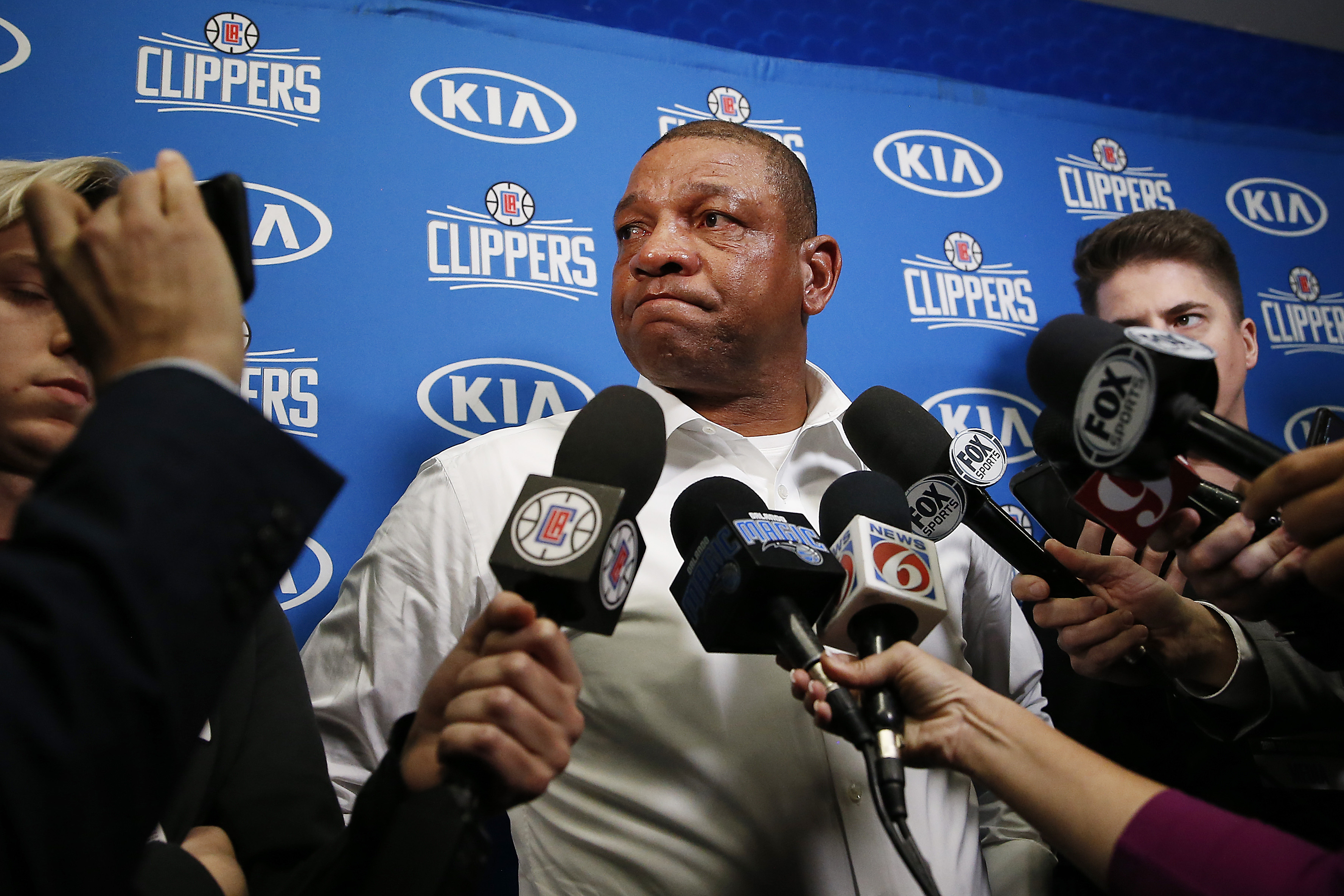 Head coach Doc Rivers of the LA Clippers addresses the media