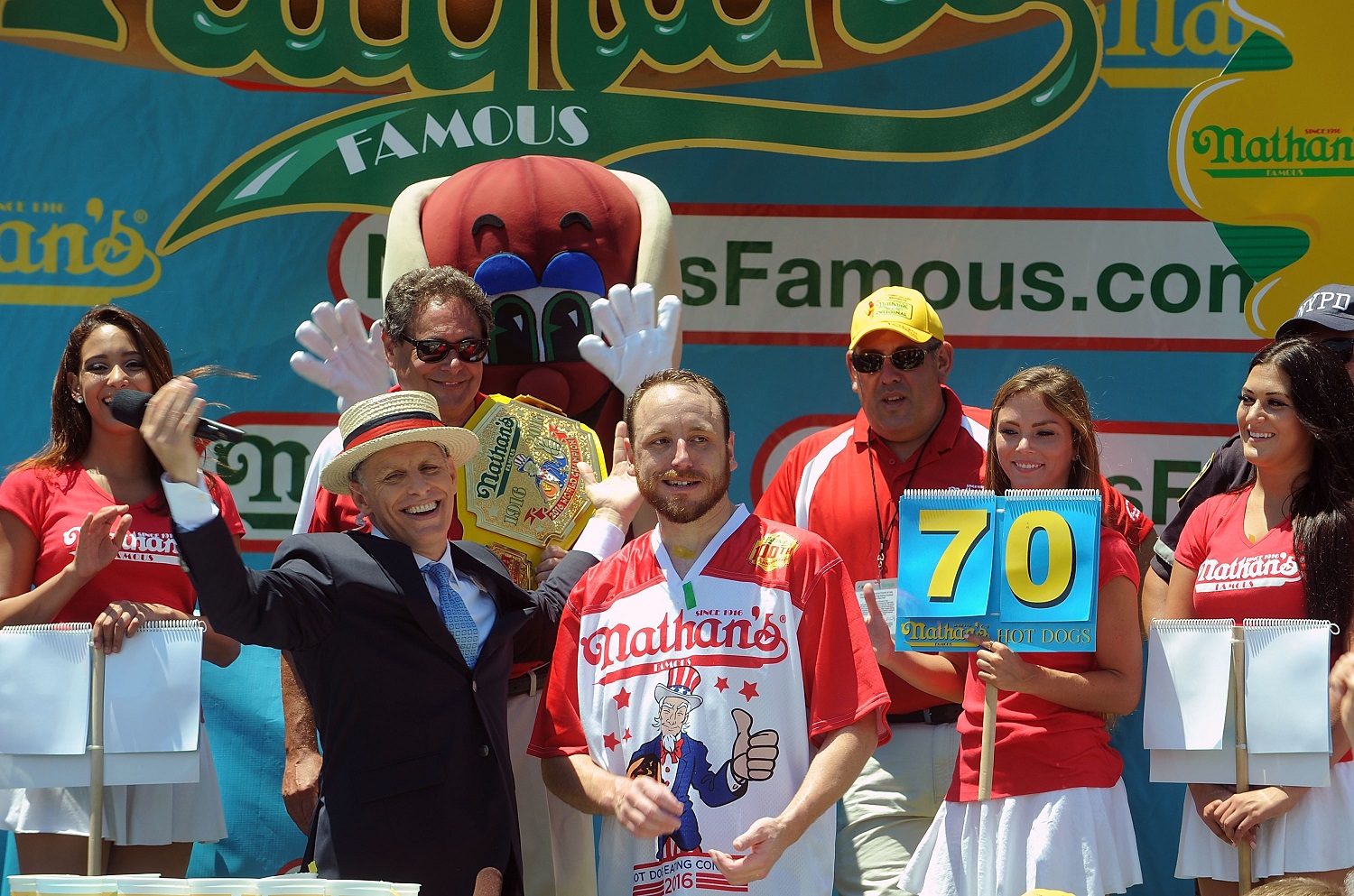 Joey Chestnut regained his Nathan's Hot Dog Eating title in 2016 by breaking his own record. Bobby Bank/WireImage/Getty Images