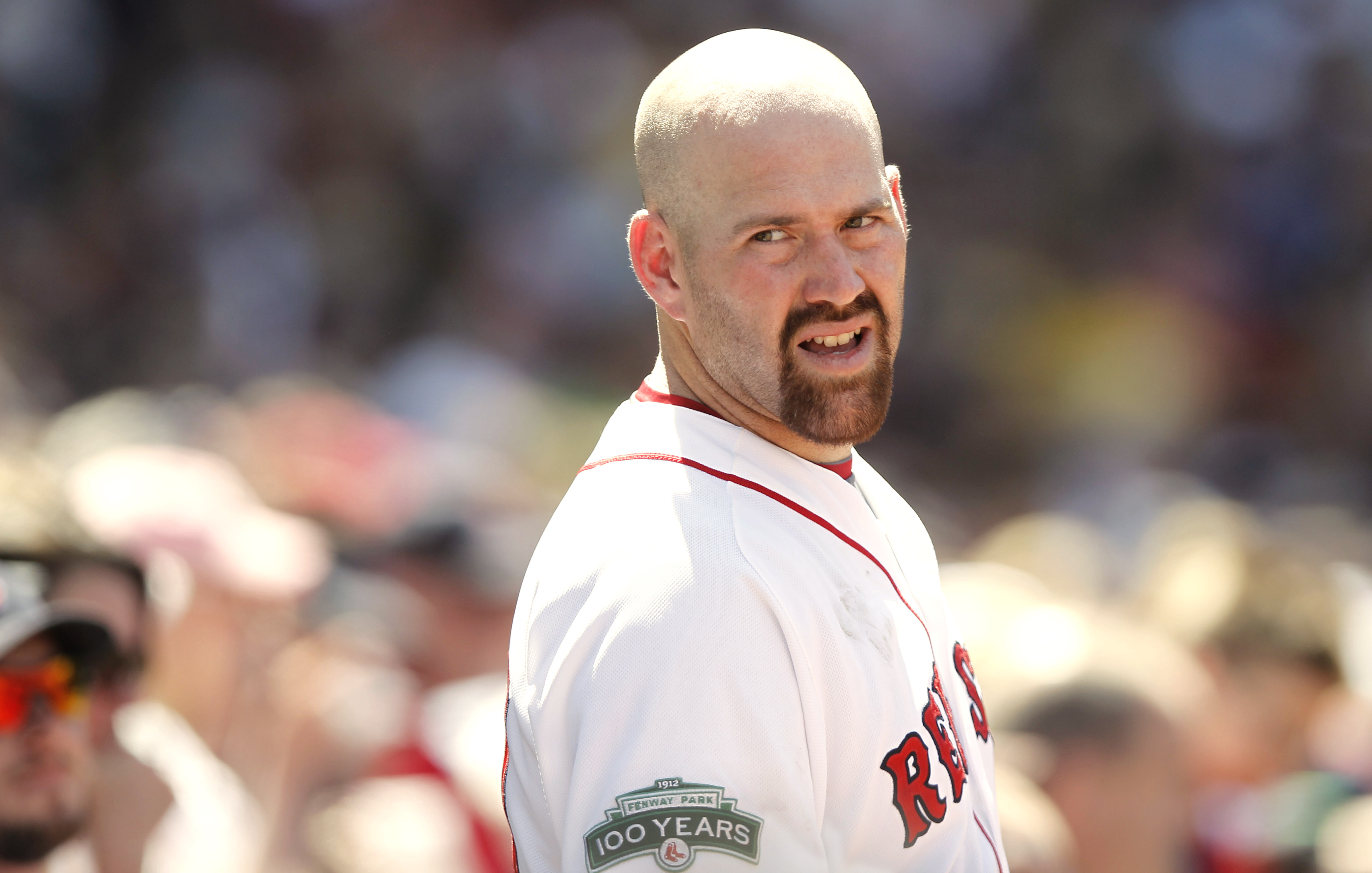 Kevin Youkilis looking back at the dugout