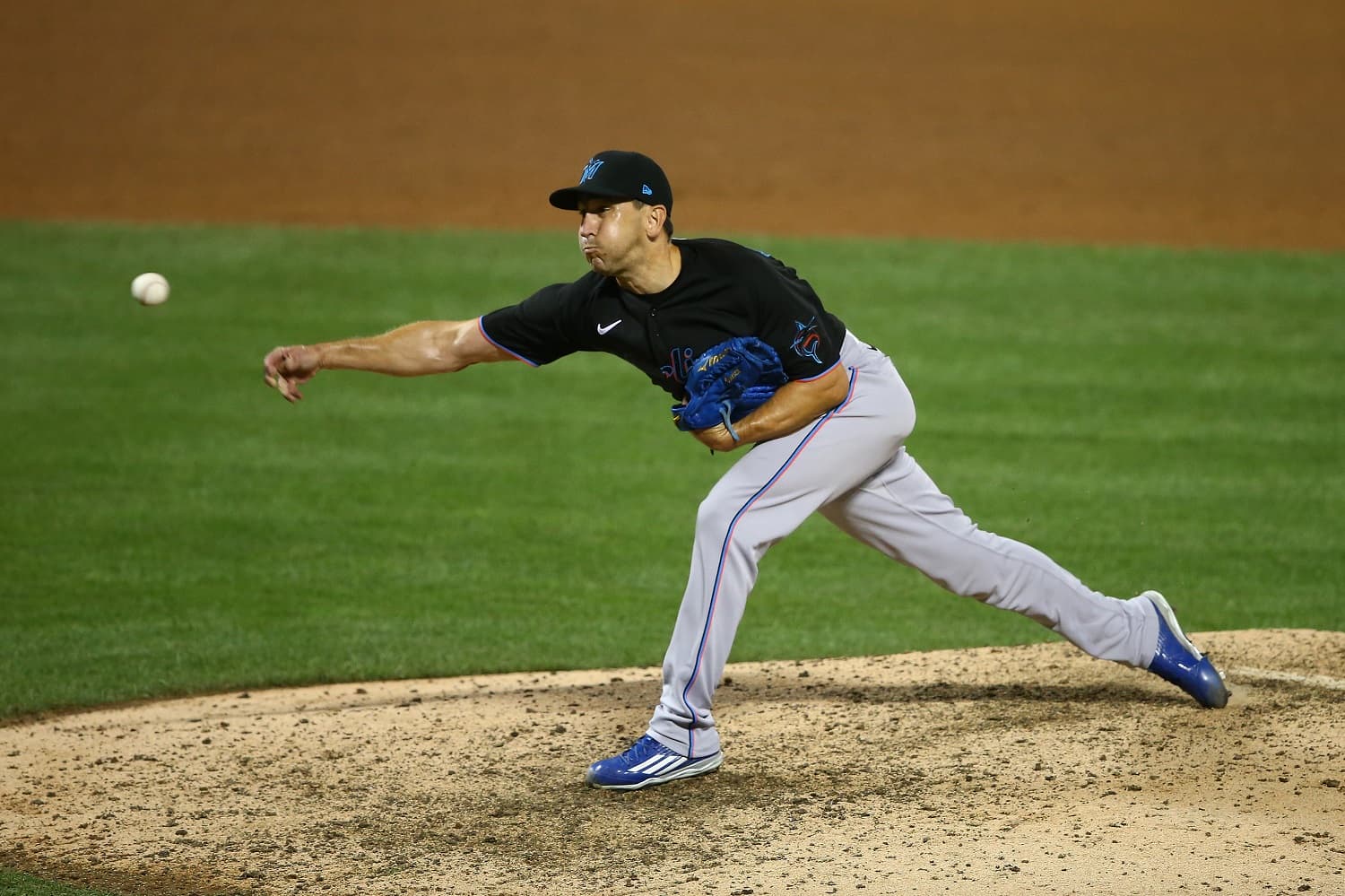 Switch-pitcher Pat Venditte of the Miami Marlins in action against the New York Mets at Citi Field on Aug. 8, 2020.