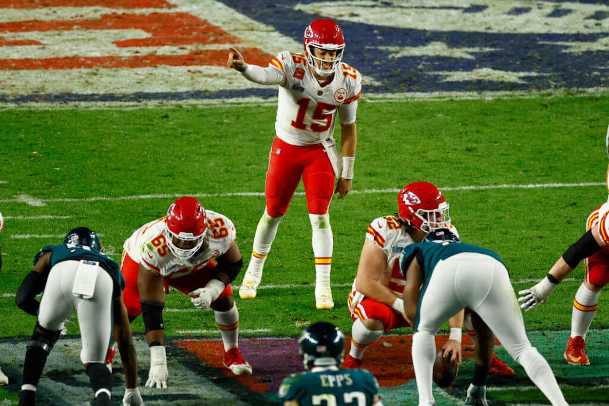 Patrick Mahomes approaches the line of scrimmage during Super Bowl 57.