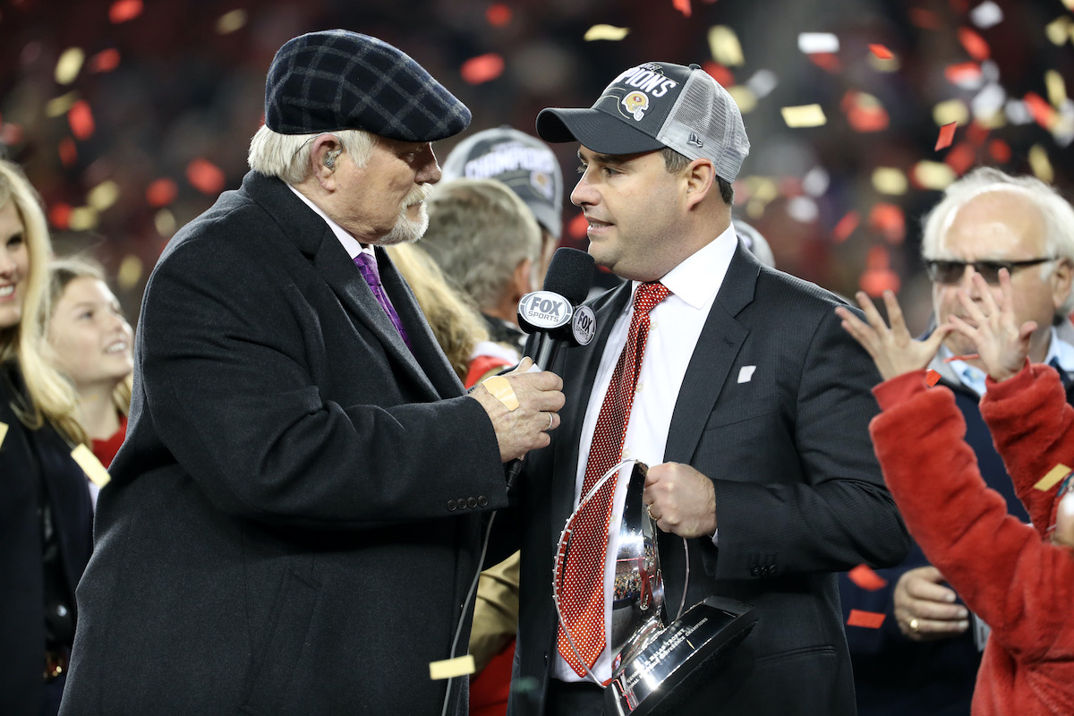 San Francisco 49ers owner Jed York is interviewed by Terry Bradshaw after the Super Bowl