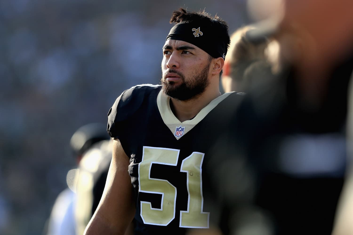 Manti Te'o of the New Orleans Saints looks on during the second half against the Los Angeles Rams at Los Angeles Memorial Coliseum on Nov. 26, 2017.