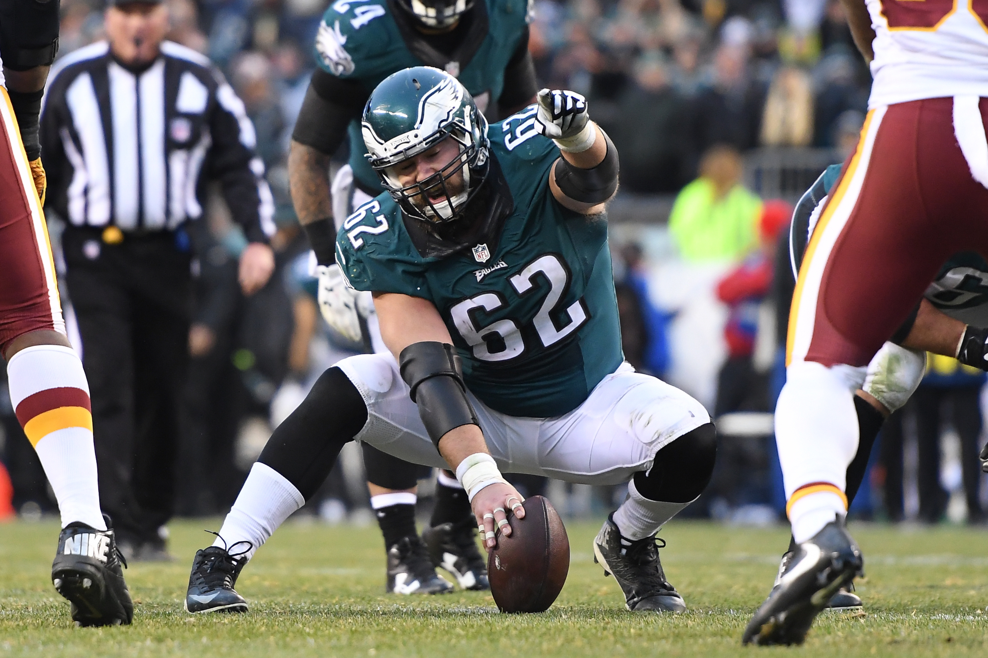 Jason Kelce pointing out an opposing player during a game