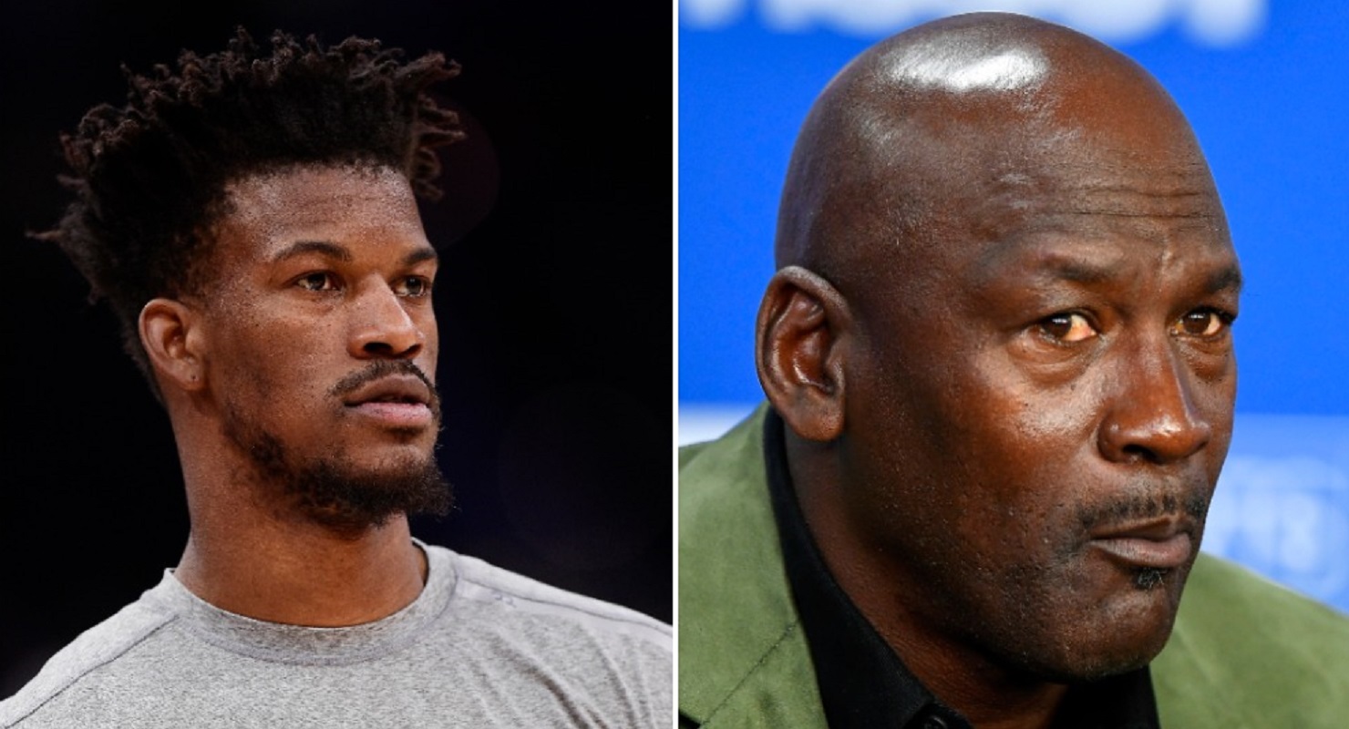Left picture: Jimmy Butler looks at the basketball hoop from center court. Right picture: Michael speaks to the media as owner of the Hornets.