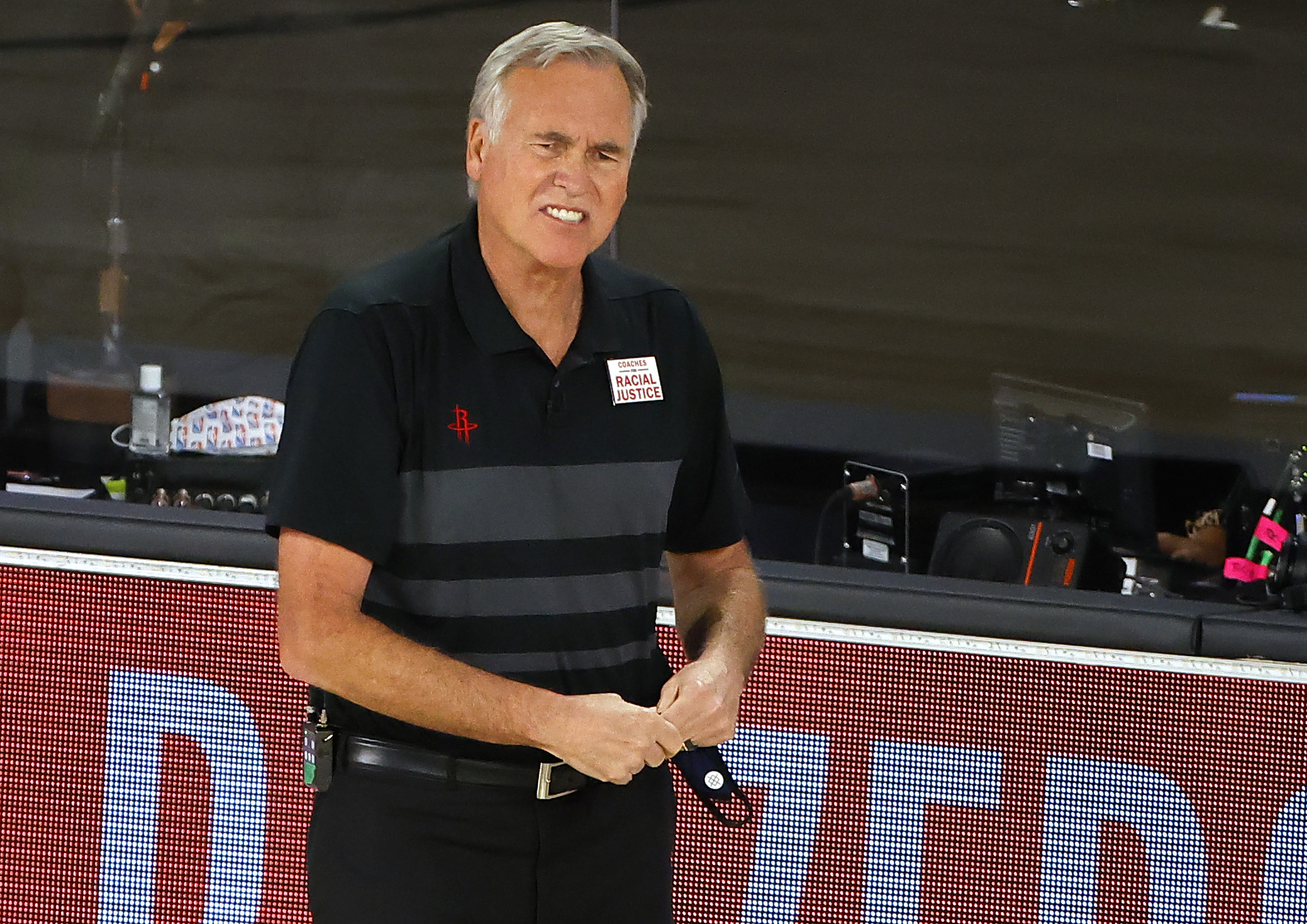 Mike D'Antoni looks on from the sideline during a Houston Rockets game