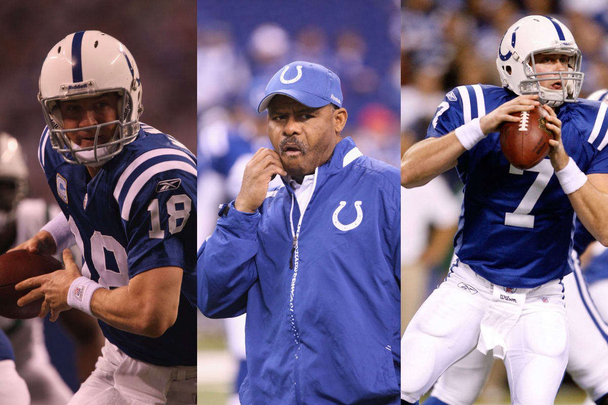 Indianapolis Colts quarterback Peyton Manning (L) lost out on a perfect season in 2009 because of head coach Jim Caldwell and backup quarterback Curtis Painter.