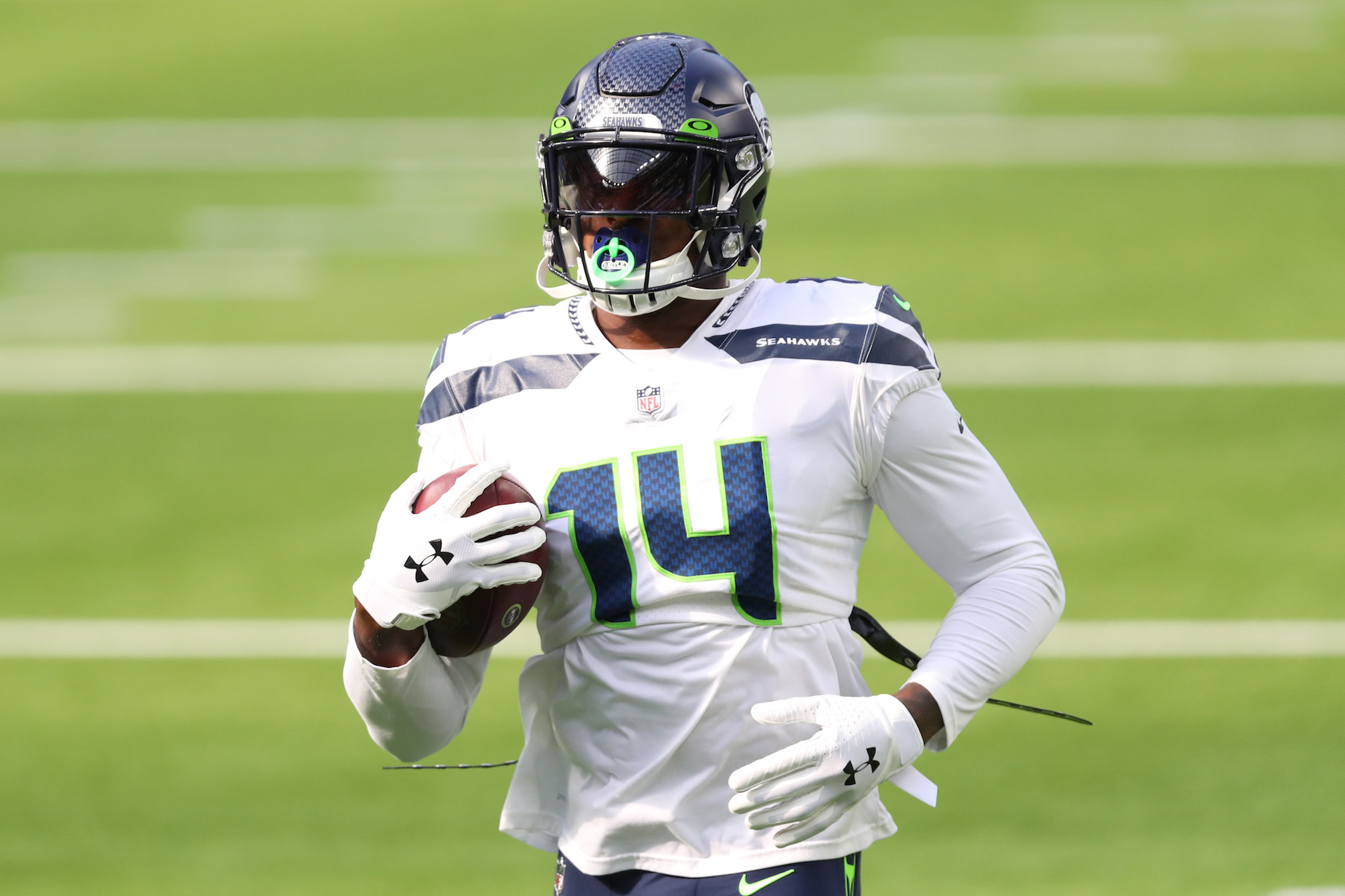 Seattle Seahawks receiver DK Metcalf has a pacifier mouthguard, which tells you everything you need to know about his attitude.