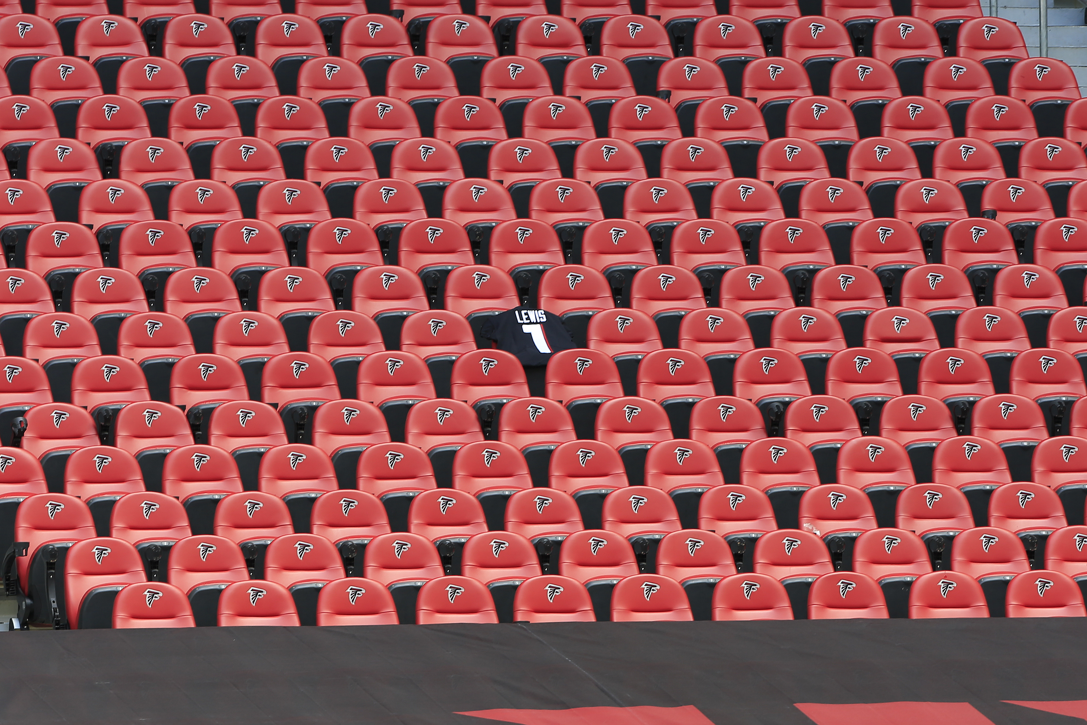 A lone jersey in the Falcons' stands memorializing John Lewis, deceased American statesman and civil rights leader during the NFL Week 1 game