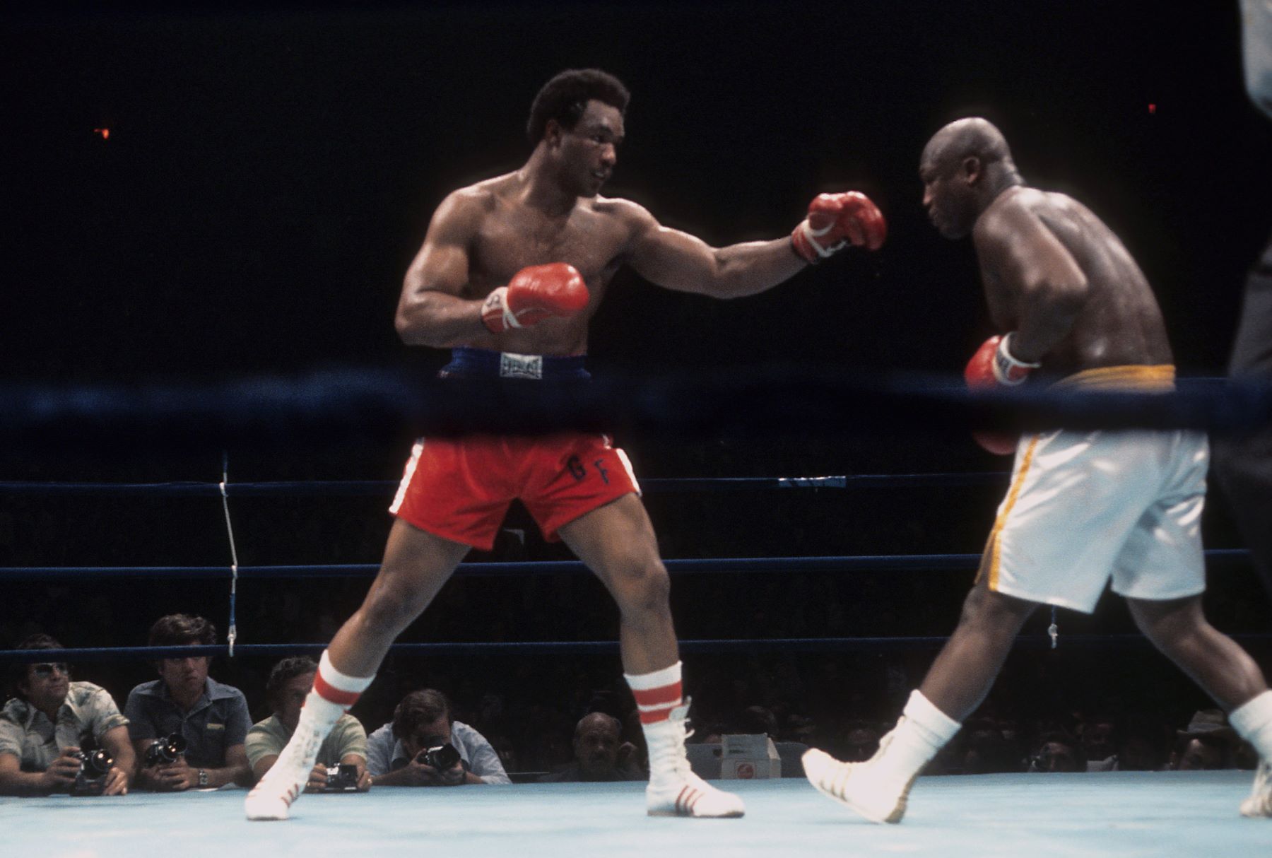 George Foreman vs. Joe Frazier during a fight at the Nassau Coliseum in Uniondale, New York